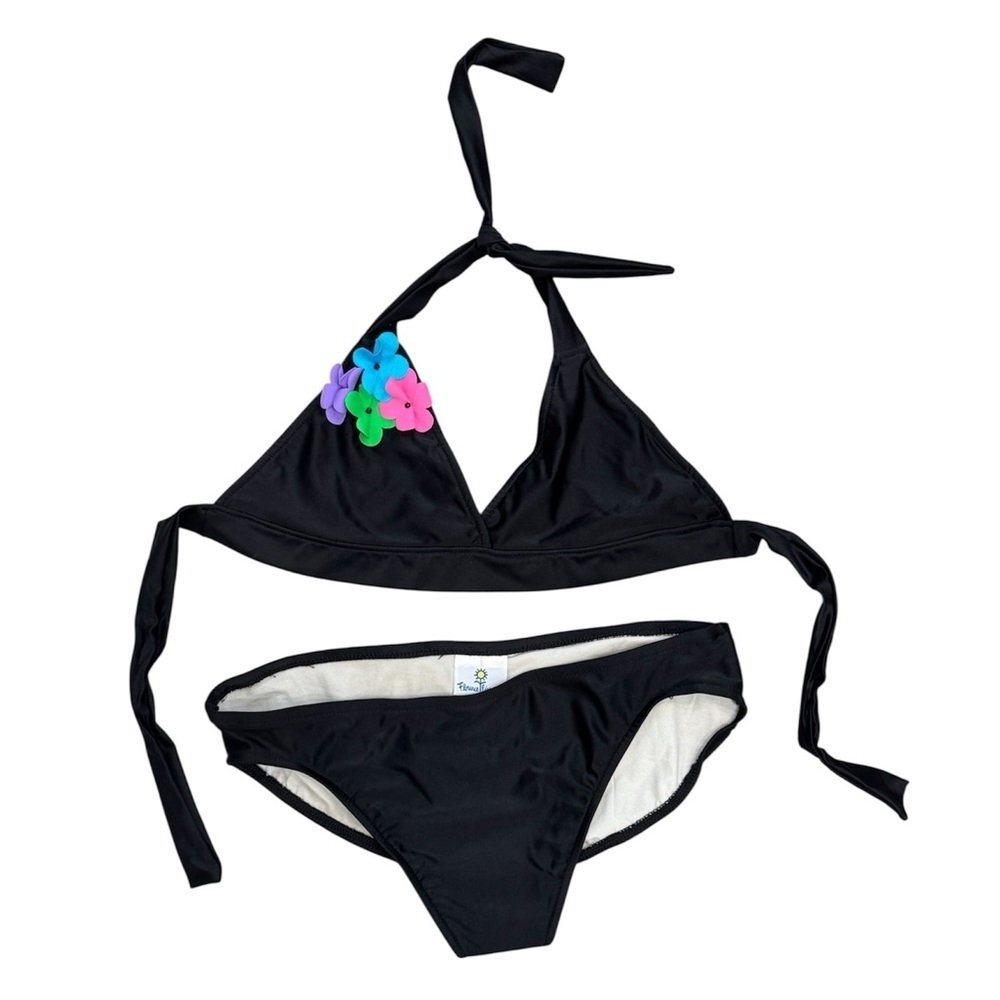 NWT Florence Eiseman Black Swim Suit Bikini Girl’s Bathing Embellished Flower